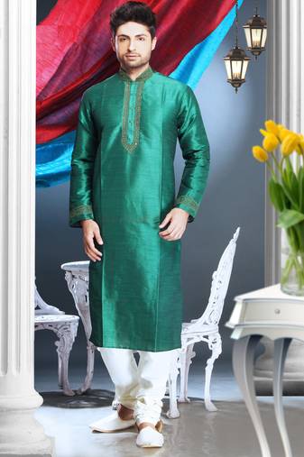 Green Embroidered Art Silk Mens Kurta Pajama
