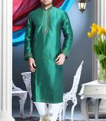 Green Embroidered Art Silk Mens Kurta Pajama