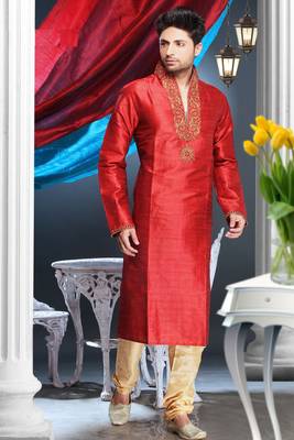 Marron Embroidered Art Silk Mens Kurta Pajama 1