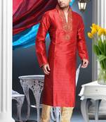 Marron Embroidered Art Silk Mens Kurta Pajama