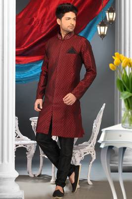 Marron Embroidered Brocade Mens Kurta Pajama 1
