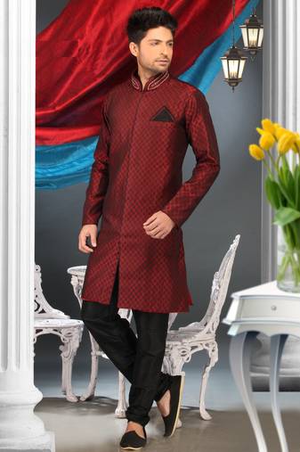 Marron Embroidered Brocade Mens Kurta Pajama
