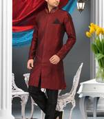 Marron Embroidered Brocade Mens Kurta Pajama