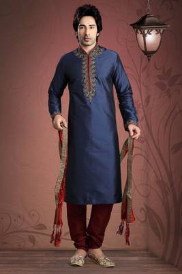 Navy Blue Embroidered Tuffeta Mens Kurta Pajama 1