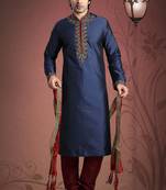 Navy Blue Embroidered Tuffeta Mens Kurta Pajama