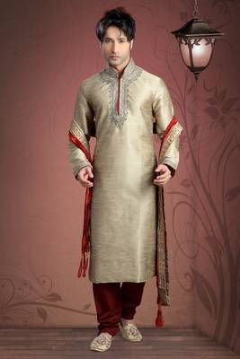 Beige Embroidered Jacquard Mens Kurta Pajama 1