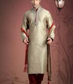 Beige Embroidered Jacquard Mens Kurta Pajama