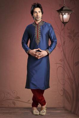 Navy Blue Embroidered Tuffeta Mens Kurta Pajama 1