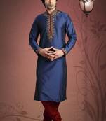 Navy Blue Embroidered Tuffeta Mens Kurta Pajama