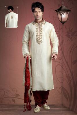 Cream Embroidered Art Dupion Silk Mens Kurta Pajama 1