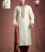 Cream Embroidered Art Dupion Silk Mens Kurta Pajama