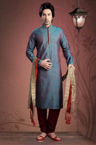 Blue Embroidered Art Dupion Silk Mens Kurta Pajama