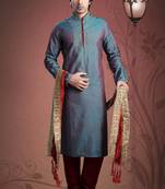 Blue Embroidered Art Dupion Silk Mens Kurta Pajama