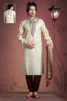 Cream Embroidered Jacquard Mens Kurta Pajama 1