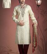 Cream Embroidered Jacquard Mens Kurta Pajama