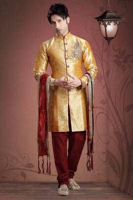 Mustard Embroidered Art Silk Mens Wedding Sherwani  1