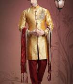 Mustard Embroidered Art Silk Mens Wedding Sherwani 
