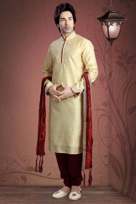 Gold Embroidered Art Dupion Silk Mens Kurta Pajama 1
