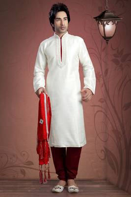 Off White Embroidered Art Dupion Silk Mens Kurta Pajama 1