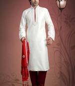 Off White Embroidered Art Dupion Silk Mens Kurta Pajama