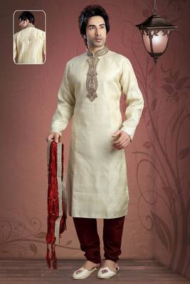Cream Embroidered Jacquard Mens Kurta Pajama 1