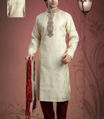 Cream Embroidered Jacquard Mens Kurta Pajama