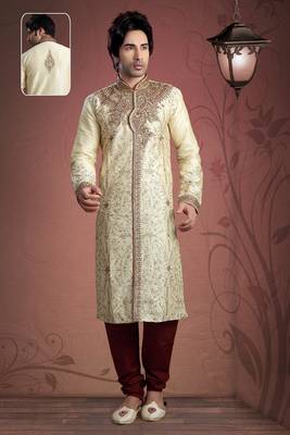 Light Gold Embroidered Art Dupion Silk Mens Kurta Pajama 1