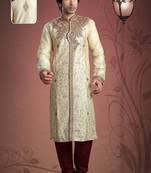 Light Gold Embroidered Art Dupion Silk Mens Kurta Pajama