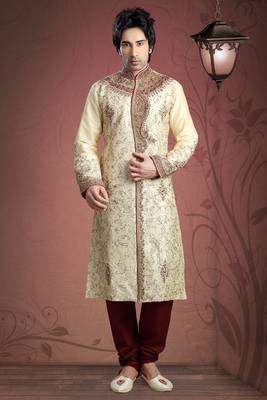 Gold Embroidered Art Dupion Silk Mens Kurta Pajama 1