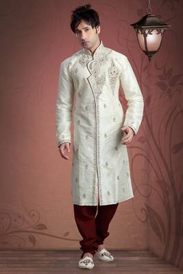 Cream Embroidered Art Dupion Silk Mens Kurta Pajama 1