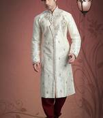 Cream Embroidered Art Dupion Silk Mens Kurta Pajama