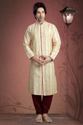 Gold Embroidered Art Dupion Silk Mens Kurta Pajama 1