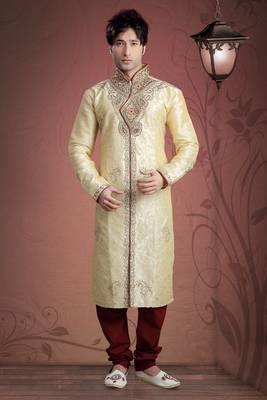 Gold Embroidered Art Dupion Silk Mens Kurta Pajama 1