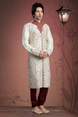 Cream Embroidered Art Dupion Silk Mens Kurta Pajama 1