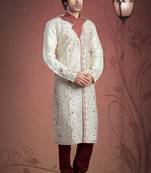 Cream Embroidered Art Dupion Silk Mens Kurta Pajama