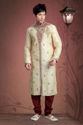 Gold Embroidered Art Dupion Silk Mens Kurta Pajama 1