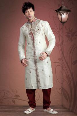 Cream Embroidered Art Dupion Silk Mens Kurta Pajama 1