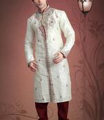 Cream Embroidered Art Dupion Silk Mens Kurta Pajama