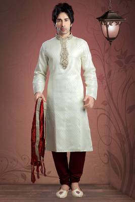 Cream Embroidered Jacquard Mens Kurta Pajama 1