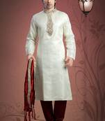 Cream Embroidered Jacquard Mens Kurta Pajama