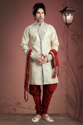 Cream Embroidered Jacquard Mens Indo Western 1