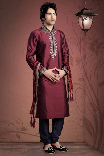 Maroon Embroidered Tuffeta Mens Kurta Pajama