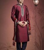 Maroon Embroidered Tuffeta Mens Kurta Pajama