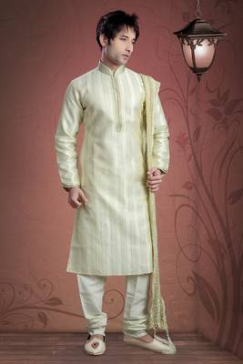 Lemon Embroidered Art Dupion Silk Mens Kurta Pajama 1