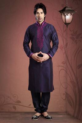 Blue  Embroidered Art Dupion Silk Mens Kurta Pajama 1