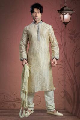 Beige Embroidered Jacquard Mens Kurta Pajama 1