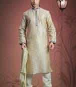 Beige Embroidered Jacquard Mens Kurta Pajama