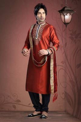 Red Embroidered Tuffeta Mens Kurta Pajama 1