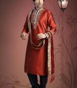Red Embroidered Tuffeta Mens Kurta Pajama