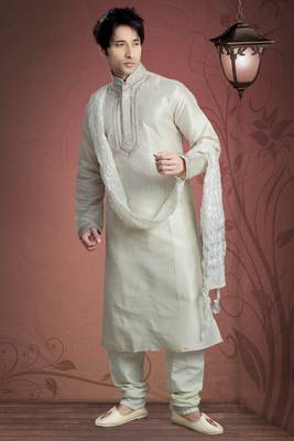 Lemon Embroidered Art Dupion Silk Mens Kurta Pajama 1